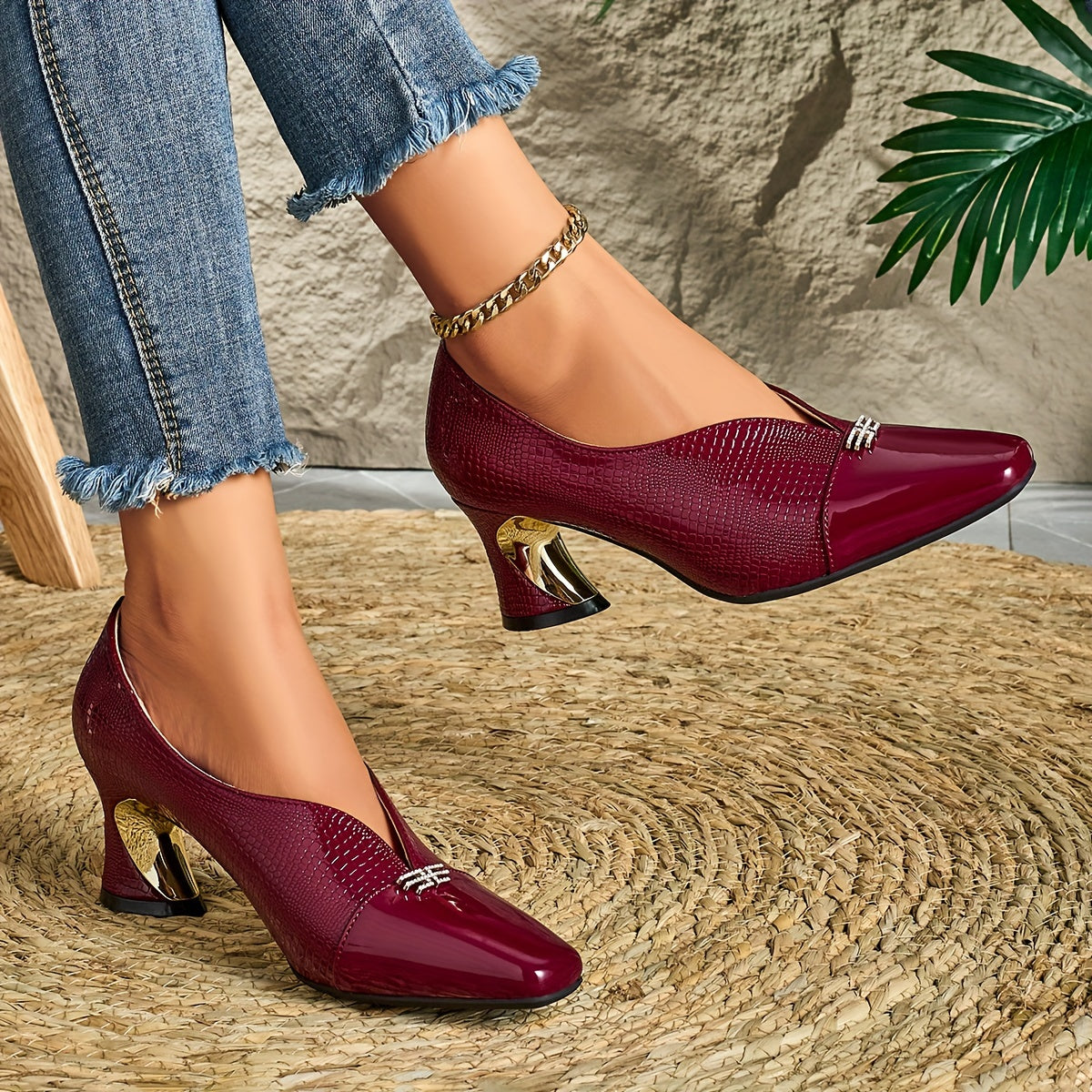 Elegant Women'S Fashion Deep Mouth Diamond Buckle Small Square Toe High Heels, Comfortable Chunky Heel Casual Versatile Style., Women Shoes