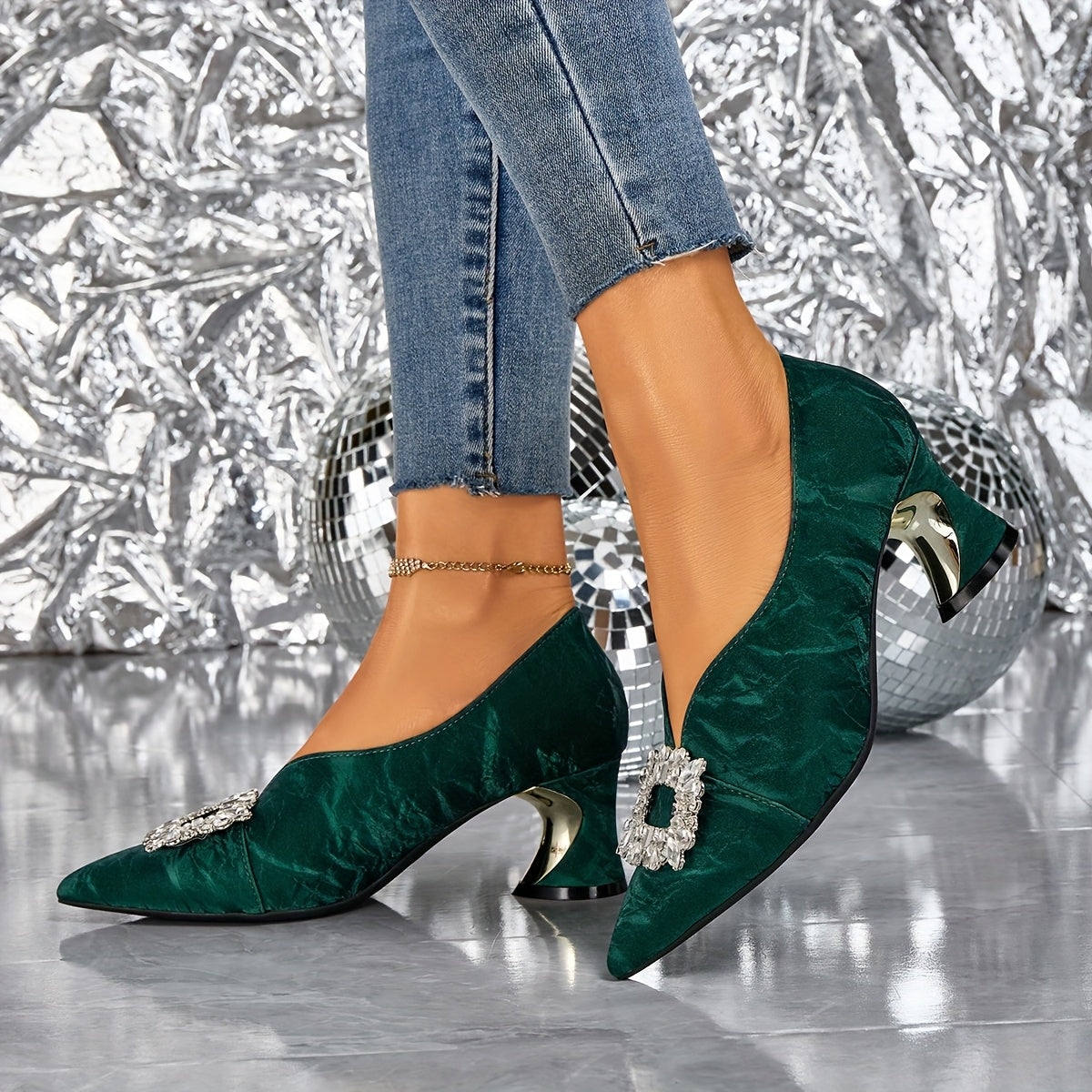 Elegant Women'S High Heels Paired with Stylish Pointed-Toe Shoes Adorned with Rhinestones., Women Shoes