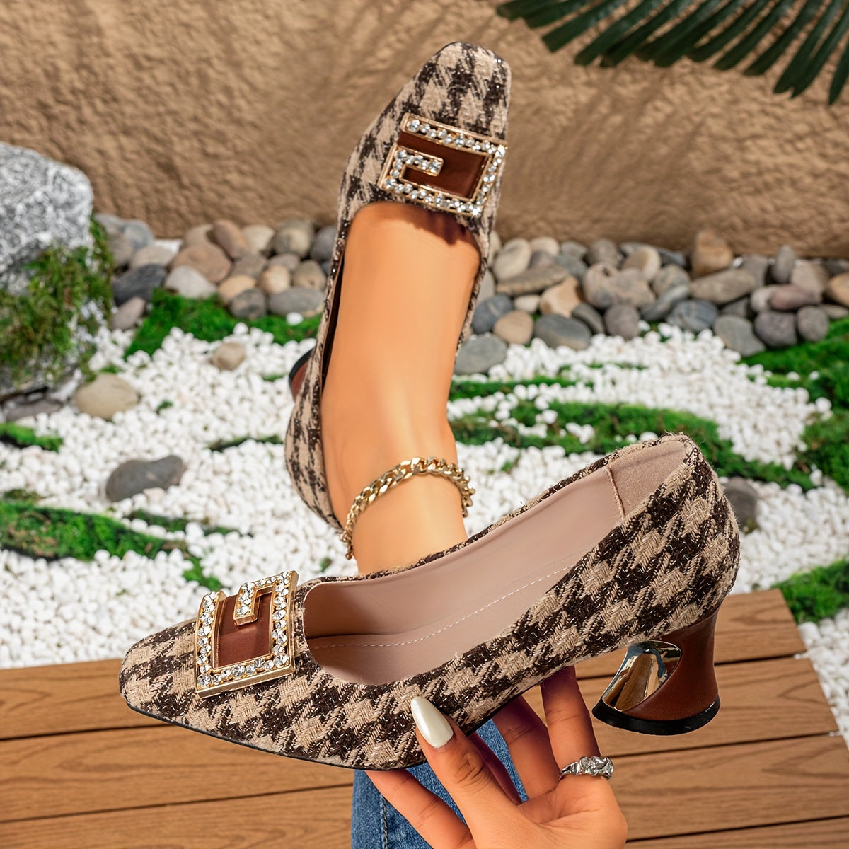 British Retro Small Fragrant Style Thousand Bird Grid Buckle Small Square Head Thick Heel Spring and Autumn Winter Hot Selling Women's Shoes, Women Shoes