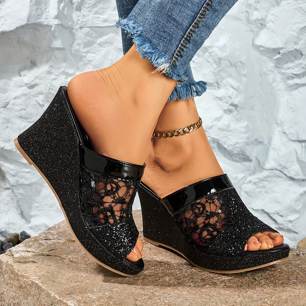 Elegant Wedge-Heeled Sandals for Women with Sequins And Fashionable Lace Embroidery, Perfect for Casual Wear And Easy to Slip On., Women Shoes