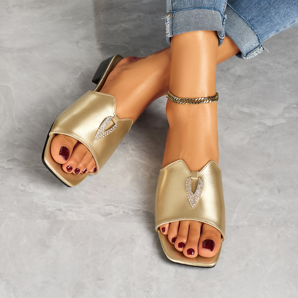 Women'S Elegant Open-Toe Flat Low-Heel Sandals, Fashionable Square Toe with Diamond Buckle, Slip-On Style, Suitable for Casual, Party, Banquet, And Outdoor Wear., Women Shoes