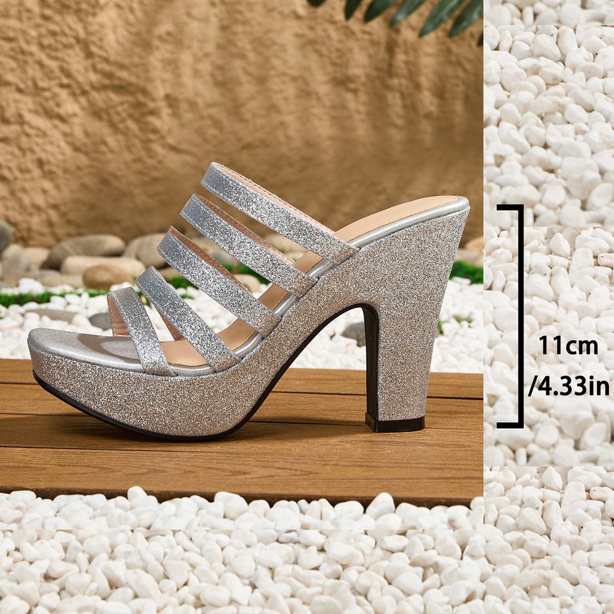 [Elegant Metallic Sandals] Elegant Metallic Women's High-Heeled Sandals | Square Toe Strap Slip-On | Open-Toe Shoes for Outings Parties Banquets
