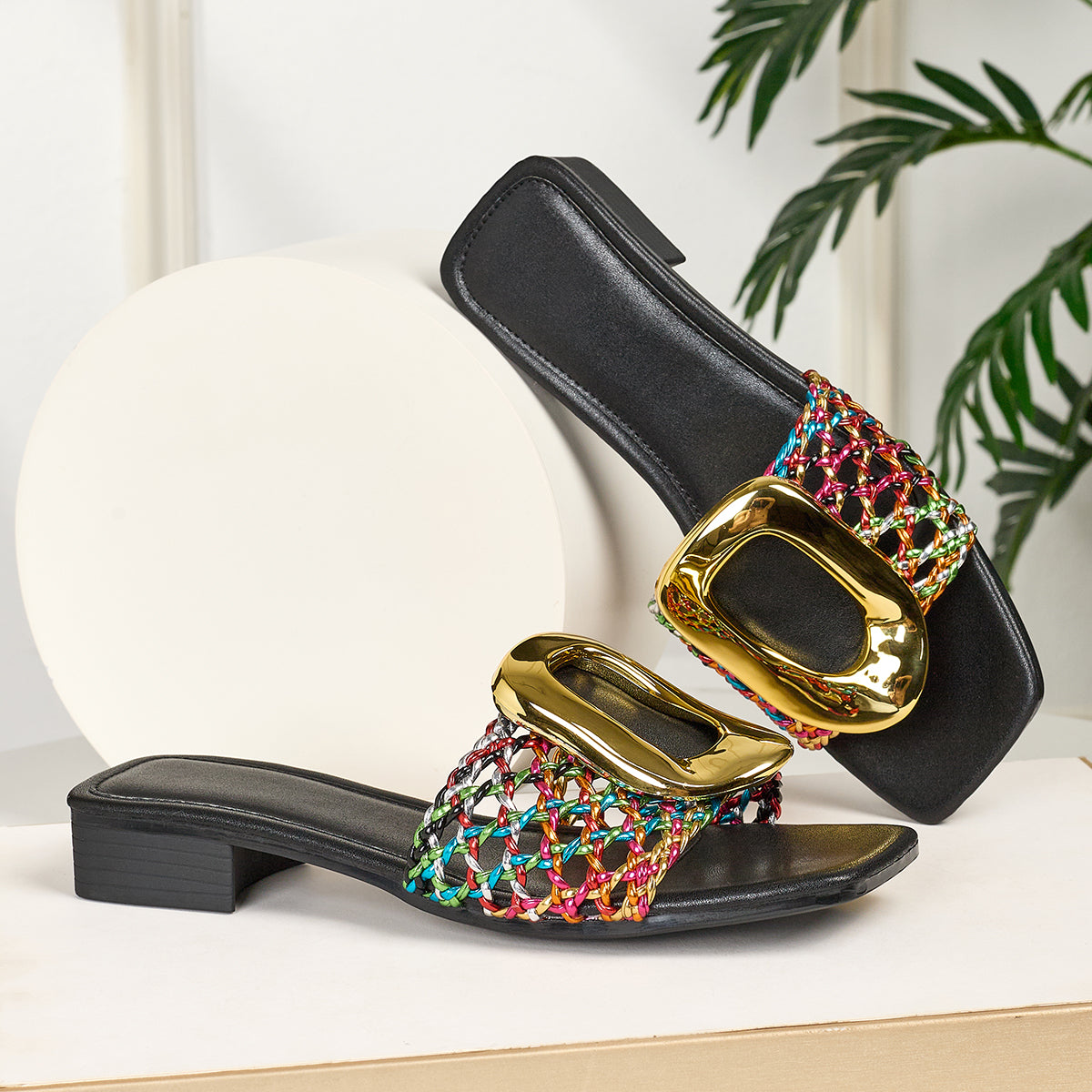 Woven Open-Toe Heeled Sandals with Gold Buckle, Comfortable Slip-On Style