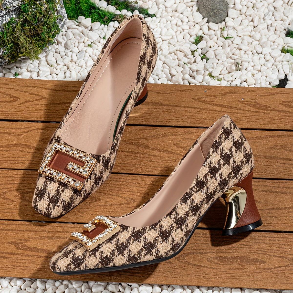 British Retro Small Fragrant Style Thousand Bird Grid Buckle Small Square Head Thick Heel Spring and Autumn Winter Hot Selling Women's Shoes, Women Shoes
