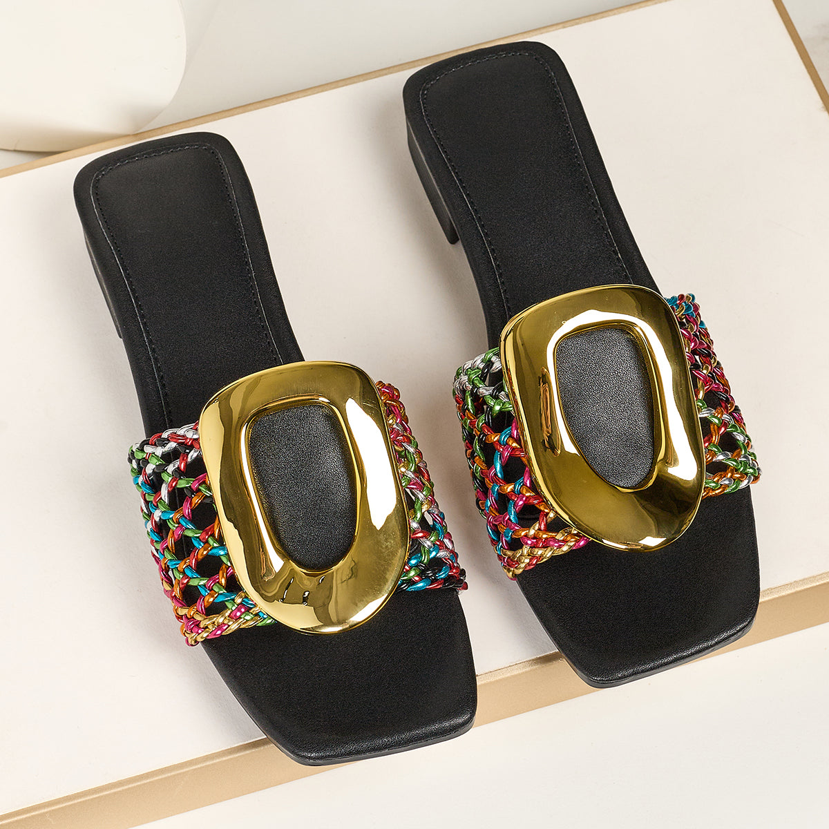 Woven Open-Toe Heeled Sandals with Gold Buckle, Comfortable Slip-On Style