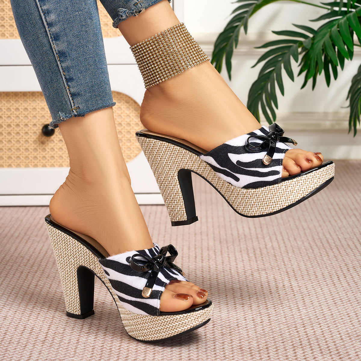 Elegant Women's Zebra Print Bow Open-Toe High Heel Sandals, Women Shoes