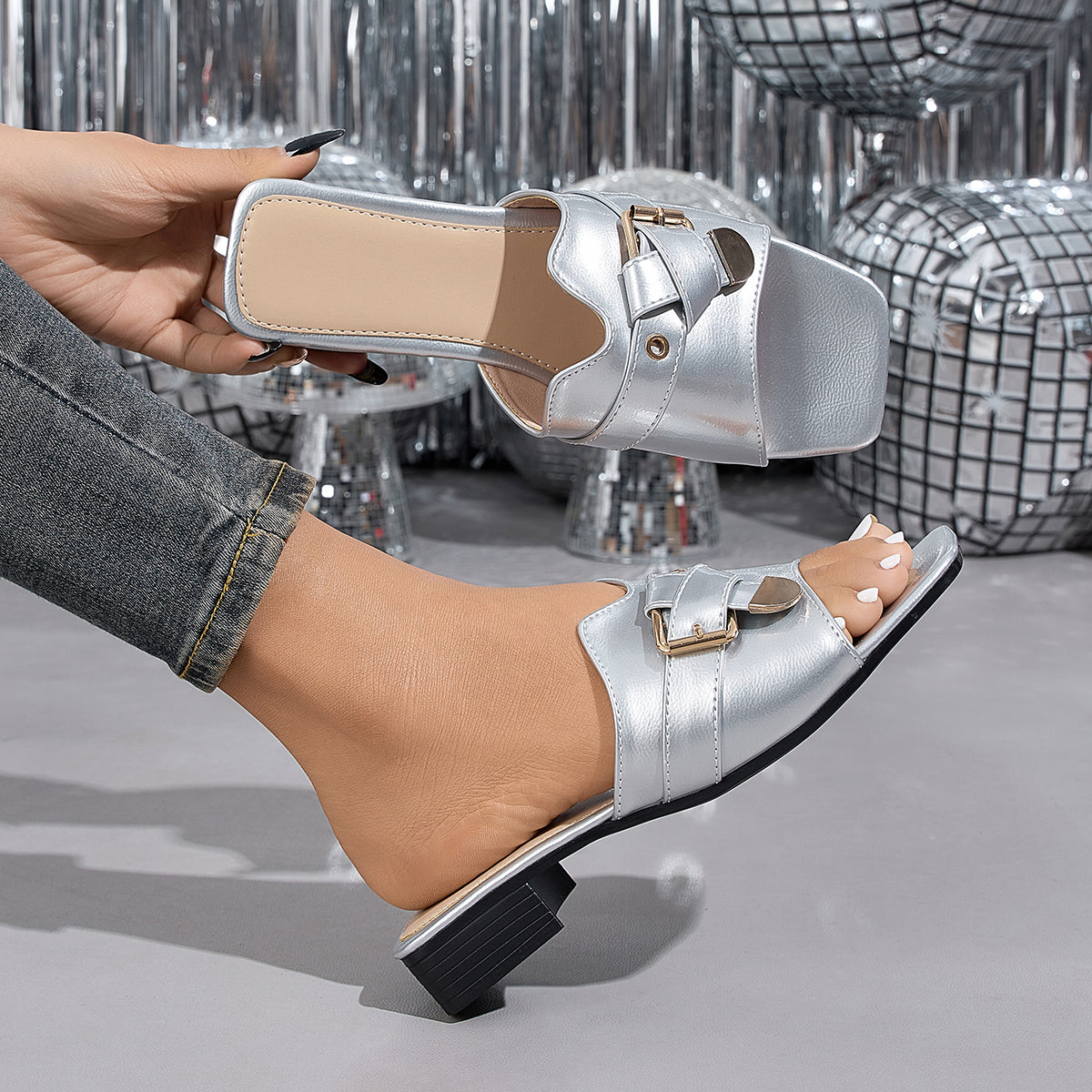 Elegant Women'S Stylish Patent Square-Toed Sandals, Women Shoes