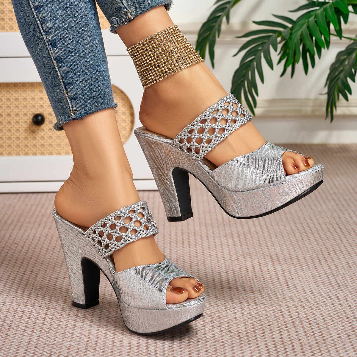 Elegant Women's Fashion Open-Weave High-Heel Sandals, Women Shoes