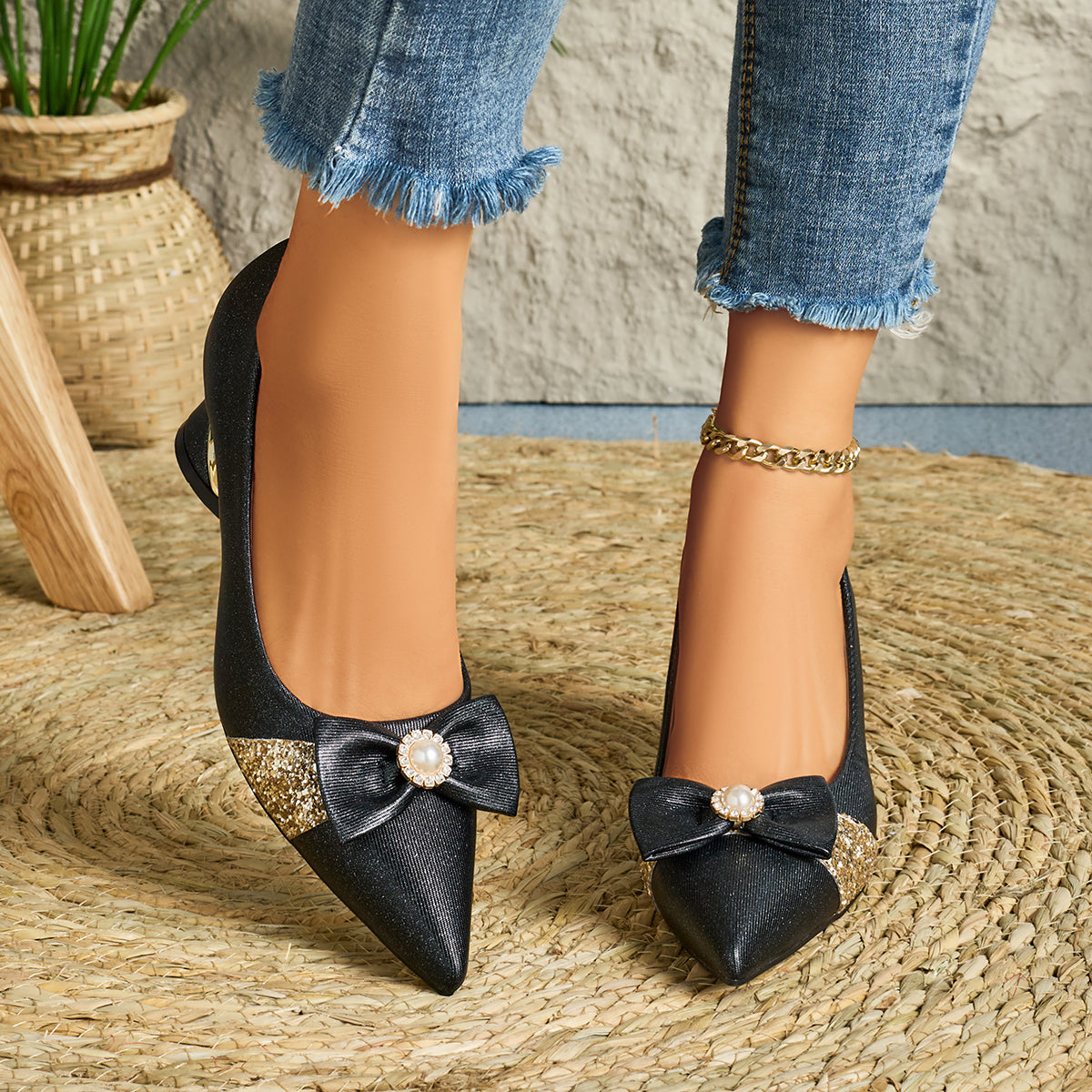 Elegant Women's Pointed-Toe High Heel Mules | Versatile Chunky Heel Dress Shoes for Work, Casual, and Party Wear - TPU Sole, Faux Cover Upper, Fashionable Design|Stylish Women's Footwear|Decorative Embellishments with Pearl Flower Accents