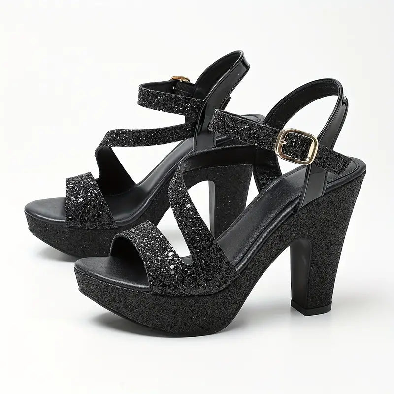 Elegant Women's All-Season Versatile Chunky Heel Sandals, Metallic Round-Toe Hollow Fashion Shoes, Essential for Parties, Nightclubs, and Professional Occasions, Women Shoes
