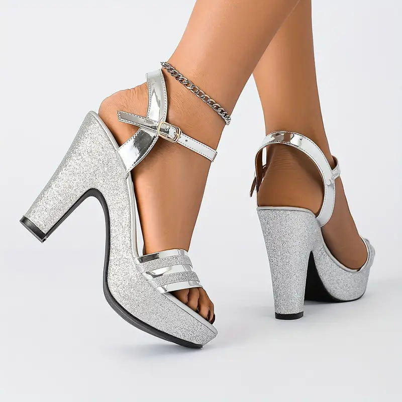 Elegant Women'S Chunky Heeled Sandals in Metallic Color, Featuring a Round Toe And Hollow Design, Perfect for Parties And Weddings., Women Shoes