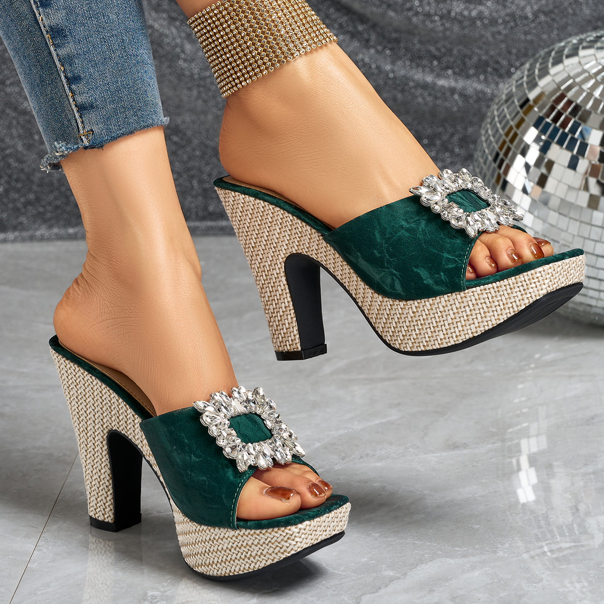 Elegant Women's Fashion Rhinestone Square Buckle High Heel Sandals, Women Shoes