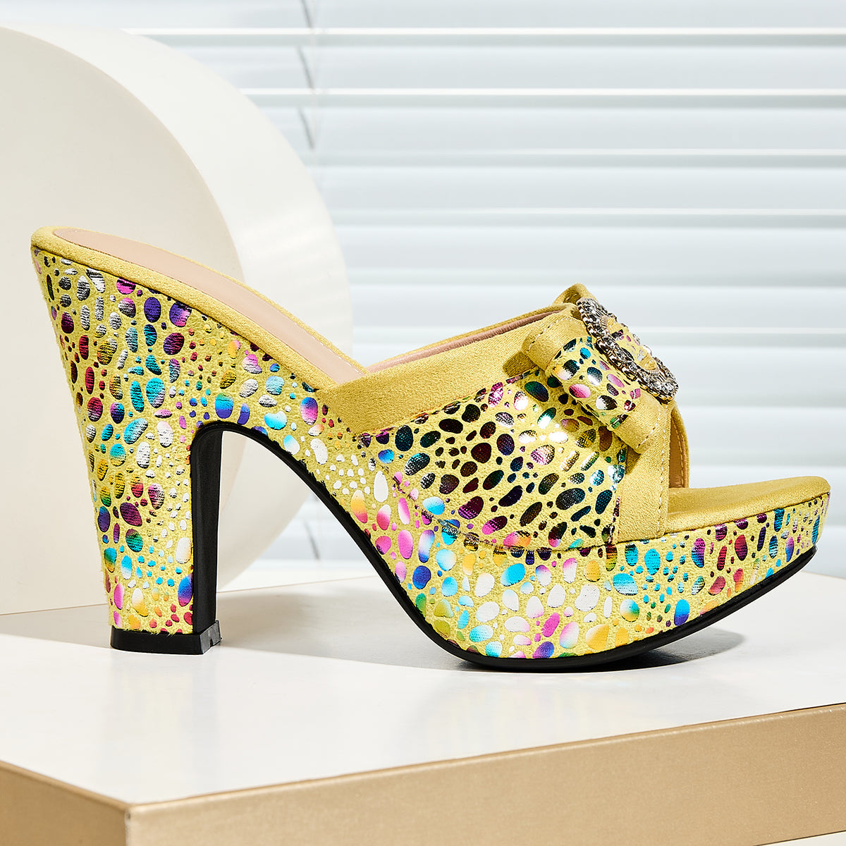 Women'S Stylish Round-Toe Metallic Animal Print Sandals with Bow And Rhinestone Buckle, Perfect for Parties, Women Shoes