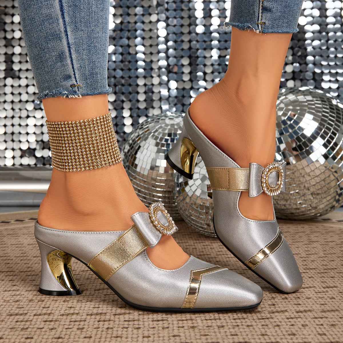 Ladies' Stylish High-Heeled Sandals with Chunky Heels And Rhinestone-Embellished Square Toes, Suitable for Weddings, Parties, And Casual Occasions., Women Shoes