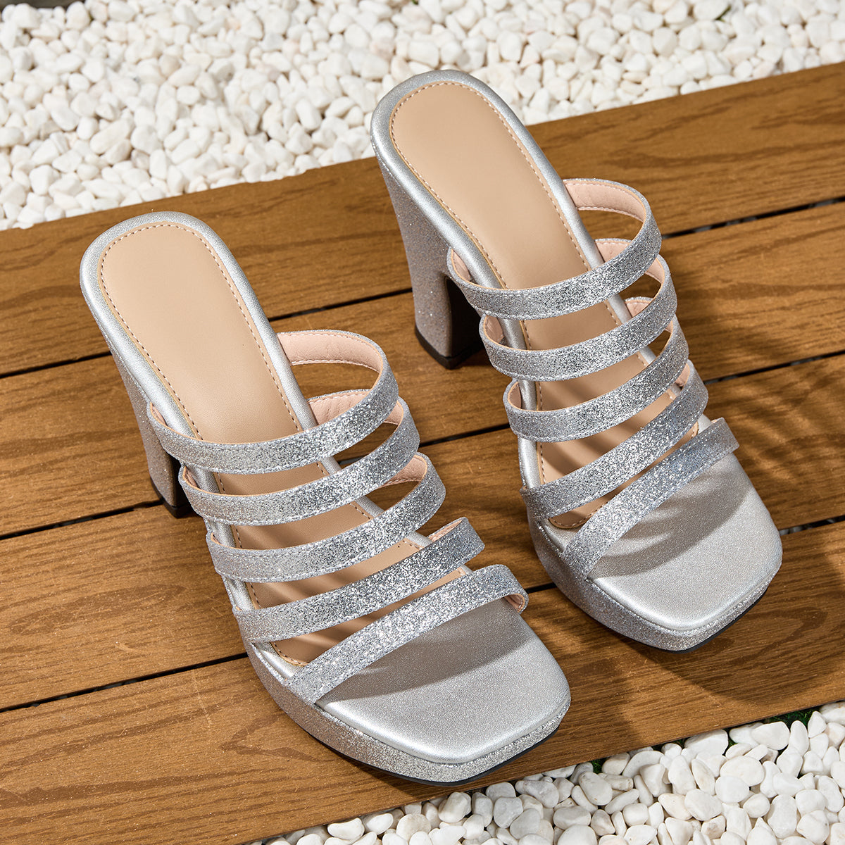 [Elegant Metallic Sandals] Elegant Metallic Women's High-Heeled Sandals | Square Toe Strap Slip-On | Open-Toe Shoes for Outings Parties Banquets