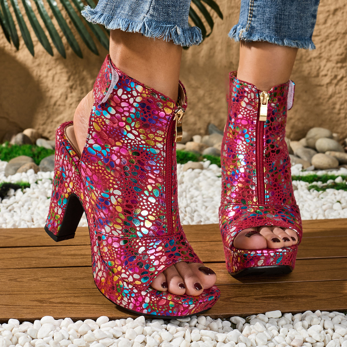 Elegant Women'S High-Heeled Open-Toe Sandals with a High-Top Zipper, Featuring a Printed Ethnic Style And Square Toe Design, Suitable for Weddings, Banquets, Parties, And Any Occasion for Wearing High Heels., Women Shoes