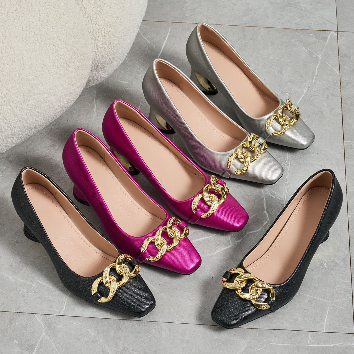 Elegant Women's Casual and Fashionable Small Square Metal Buckle High Heels, Comfortable and Versatile with Thick Heels, Suitable for Work, Leisure, Professional Parties, Women Shoes
