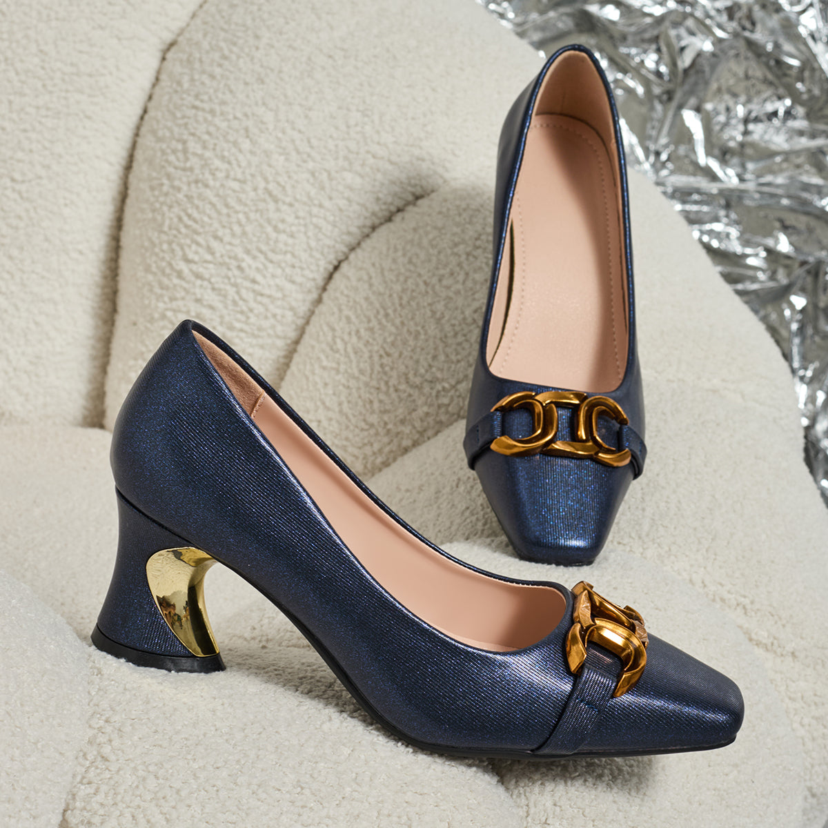 Elegant Women'S Casual Fashion Square-Toed High Heels with Metal Buckles, Comfortable Chunky Heels Suitable for, Leisure, And Professional Parties., Women Shoes