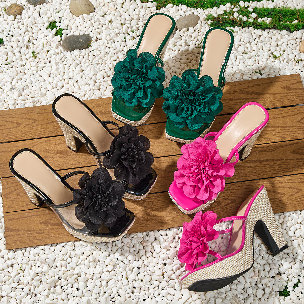 Elegant Women'S Bohemian-Style High-Heeled Sandals with a Square Toe Design, Transparent Floral Thick Sole, Suitable for Balls, Parties, Weddings, And Professional Events., Women Shoes