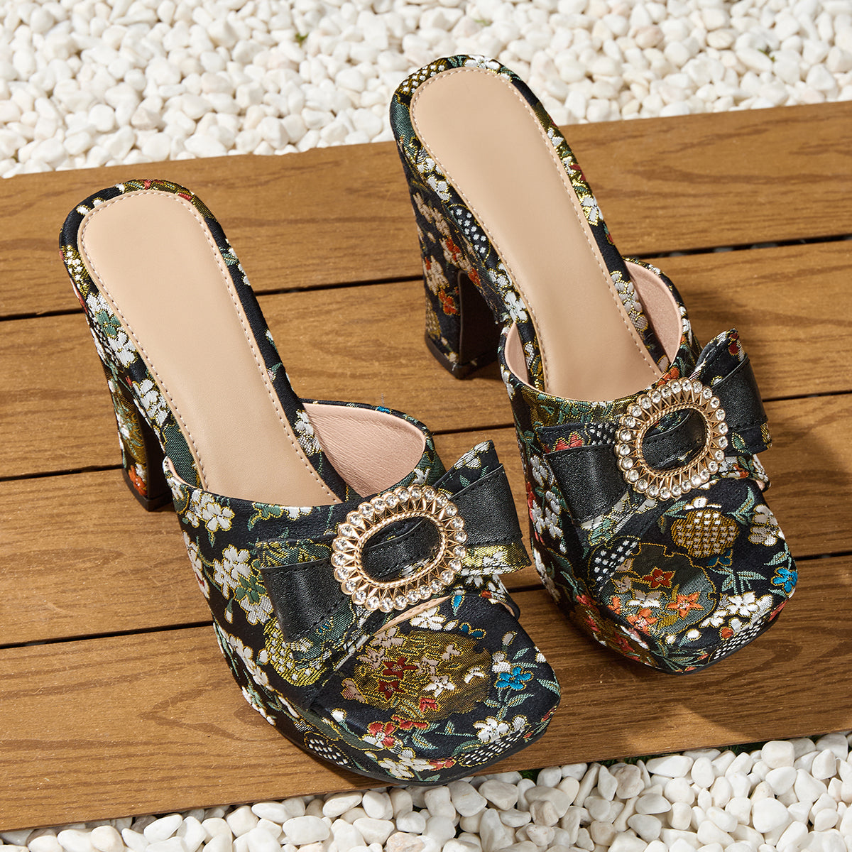 Women's Golden Thread Rhinestone Buckle Sandals, Elegant Square-Toe High Heel Slip-On, Bohemian Style with Shiny Metallic Finish, Suitable for Parties, Banquets, and Weddings, Women Shoes