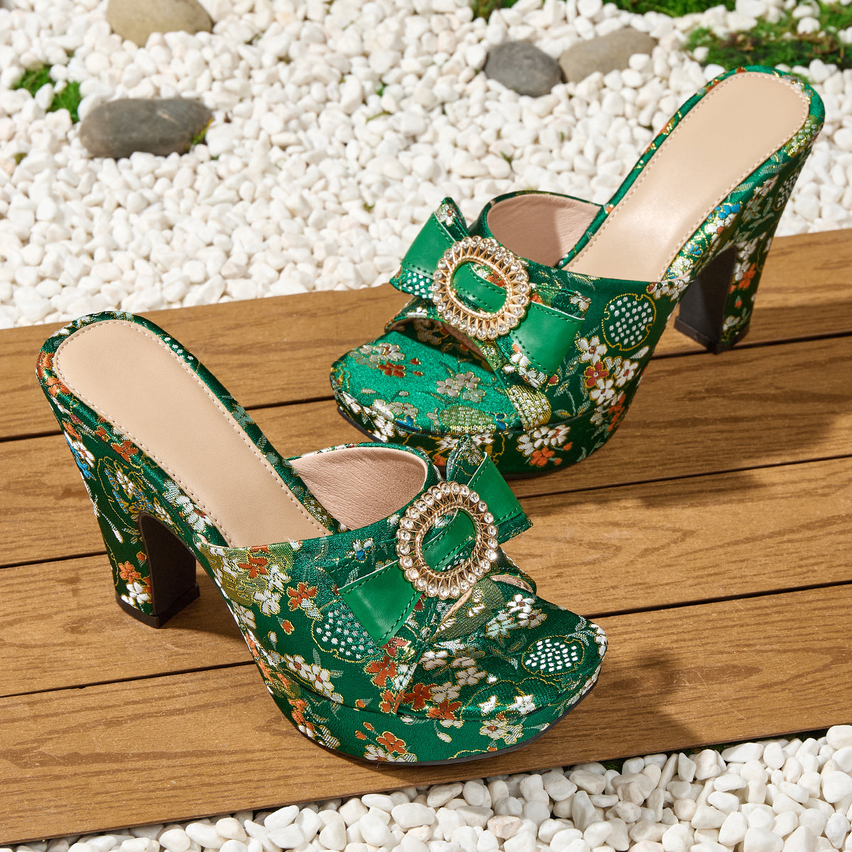 Women's Golden Thread Rhinestone Buckle Sandals, Elegant Square-Toe High Heel Slip-On, Bohemian Style with Shiny Metallic Finish, Suitable for Parties, Banquets, and Weddings, Women Shoes