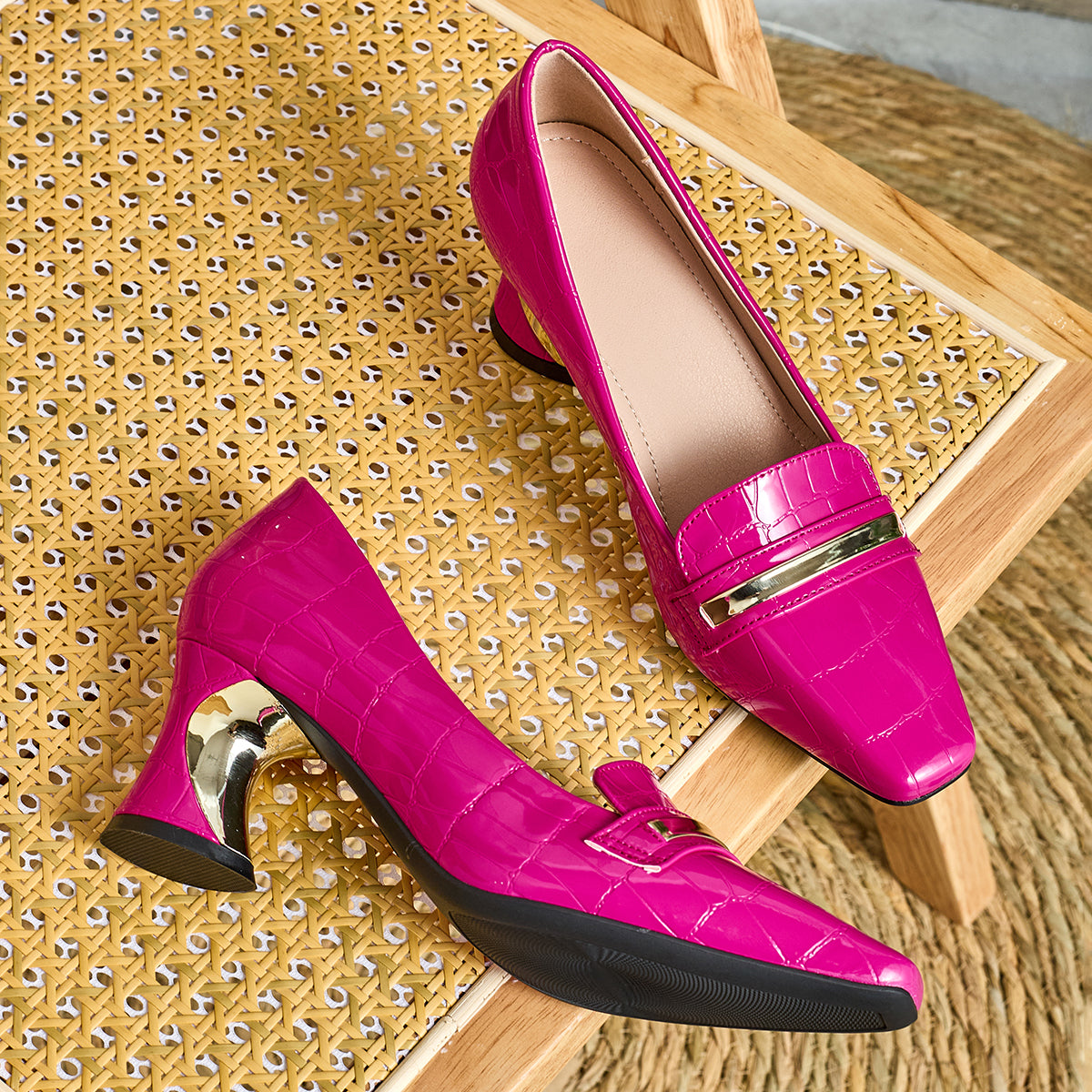 Elegant Ladies Casual Fashion Deep Mouth Square Head One-strap Embossed High Heels Comfortable Thick Heel Versatile Style Suitable for Party Banquet Wedding, Women Shoes
