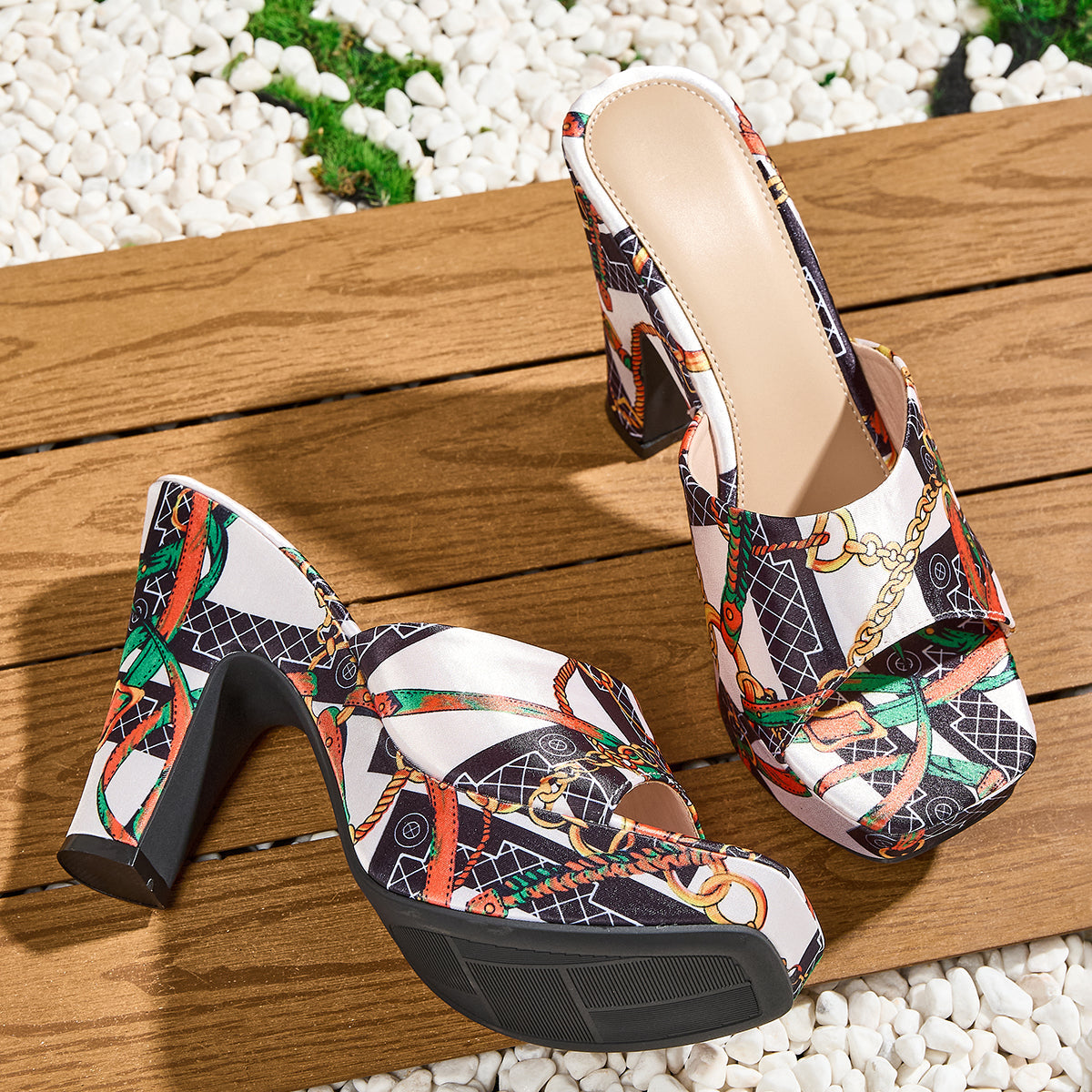 Women's Fashion Elegant Square-Toe Print Slip-On High Heel Sandals, Versatile for Work and Casual Wear, Women Shoes