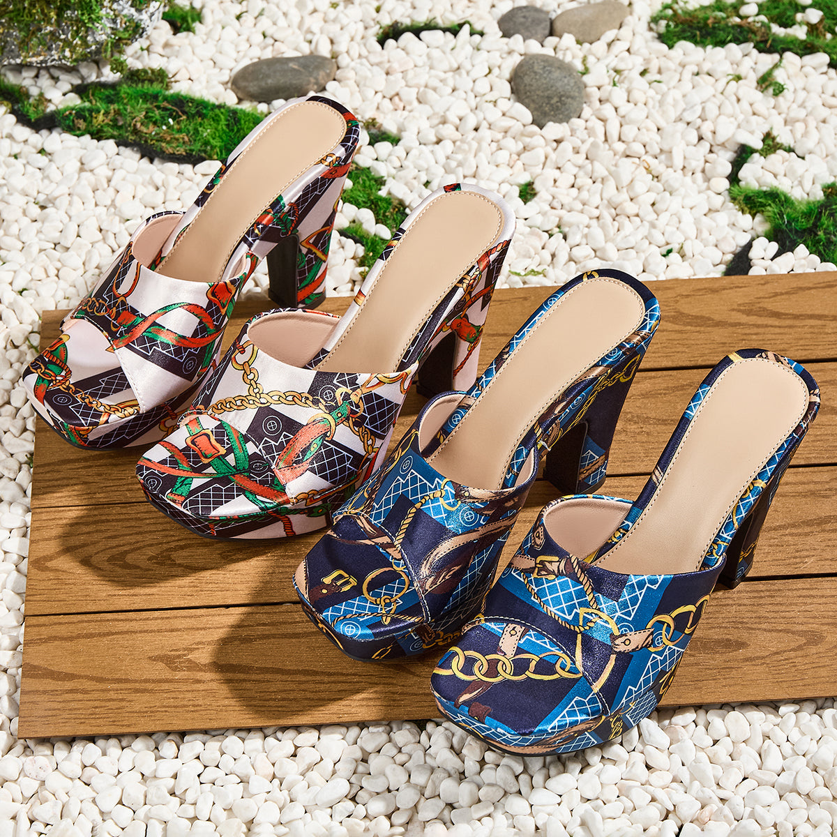 Women's Fashion Elegant Square-Toe Print Slip-On High Heel Sandals, Versatile for Work and Casual Wear, Women Shoes