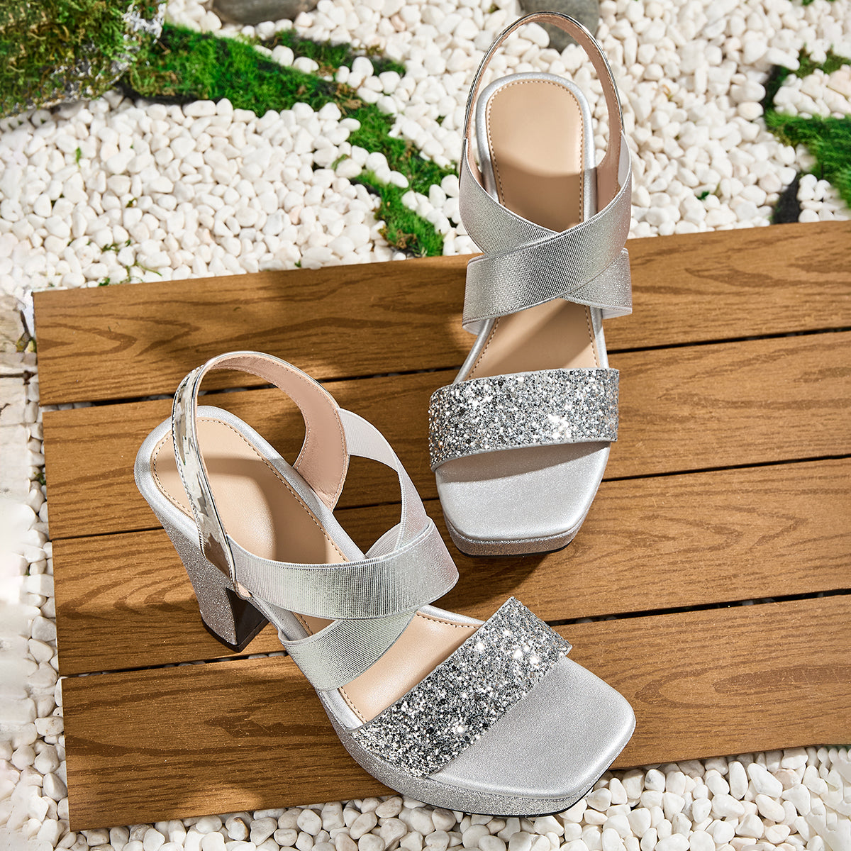 Women's Fashion Elegant Sequined Square-Toe High Heel Sandals, Suitable for Evening Dress Parties, Women Shoes