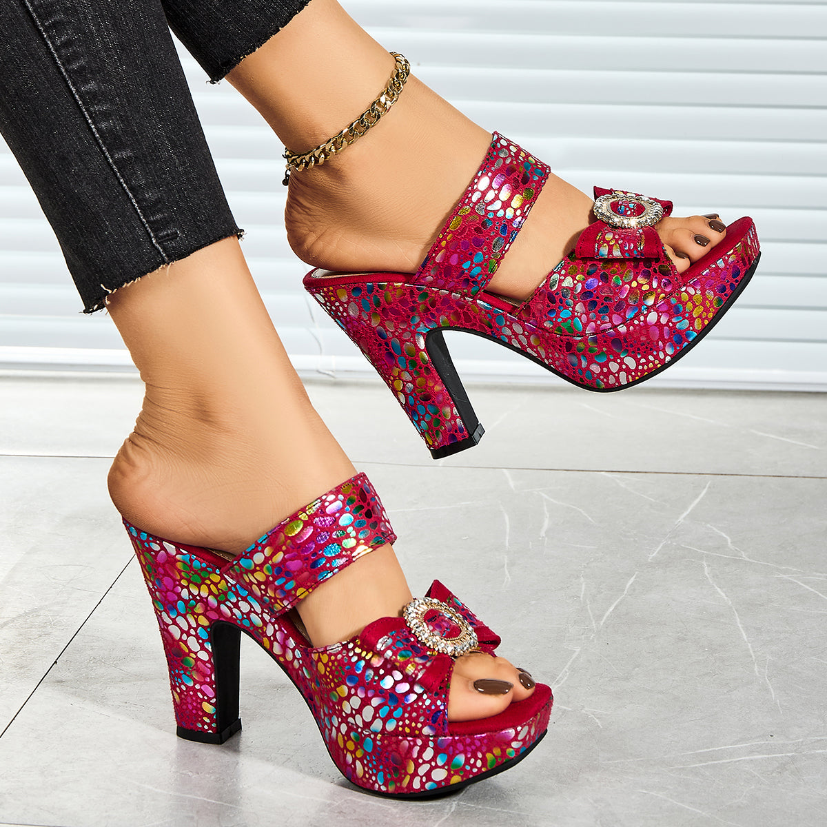 Women's Stylish Metallic/Animal Print High-Heeled Sandals with Bow/Rhinestone Buckle/Perfect for Parties/Women Shoes